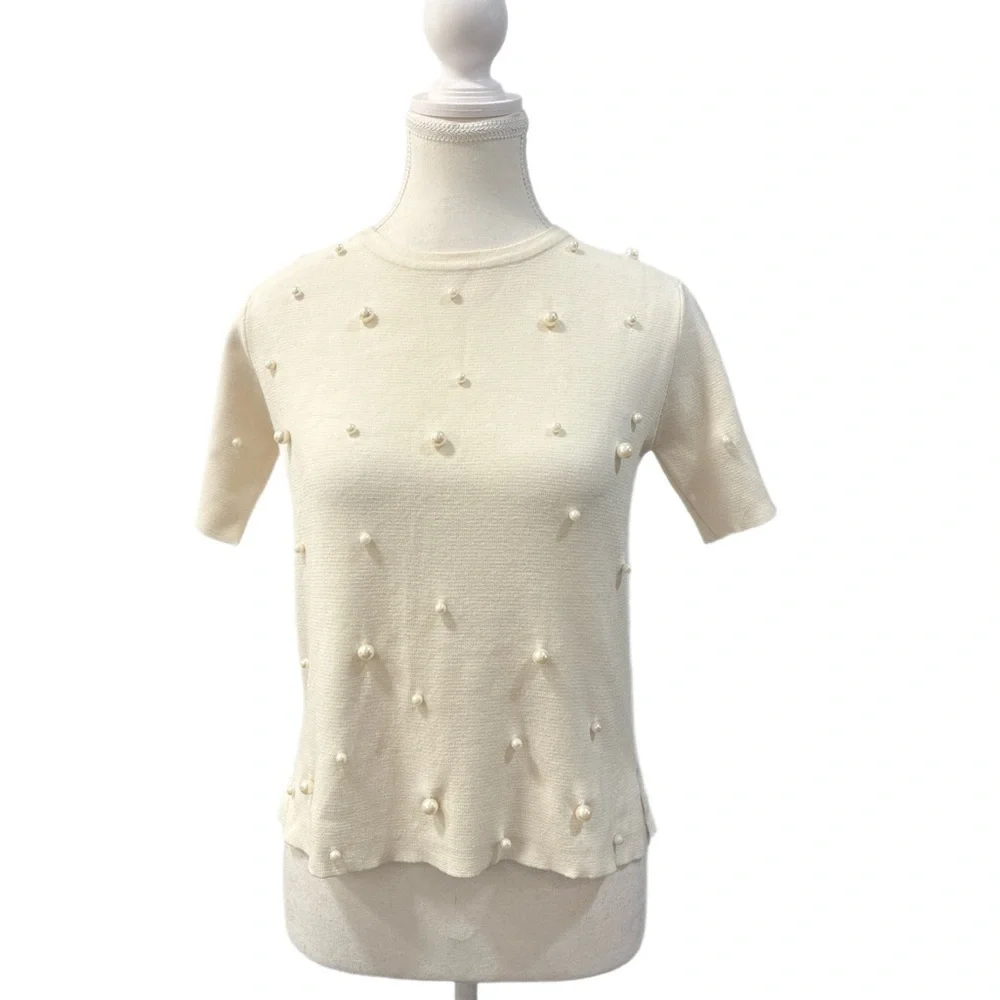 Zara Basic Knit Faux Pearls Sweater in Off White Size S - Picture 3 of 7